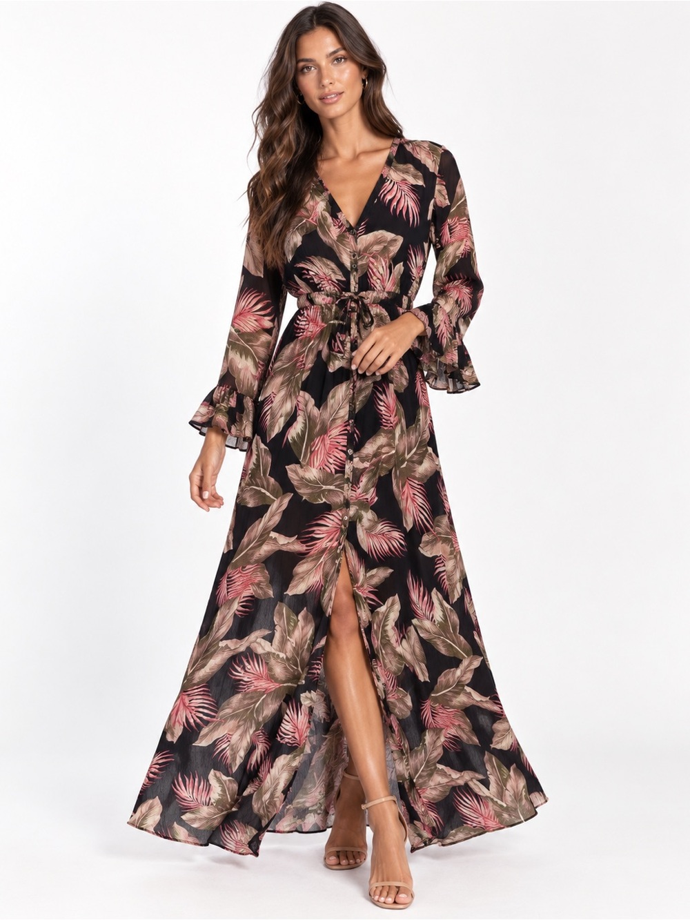 Billabong Tropical Floral Button Front Maxi Dress Black Pink Size S